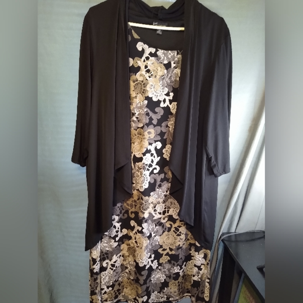 K Women Plus Size Black and Gold Floral Dress with Jacket